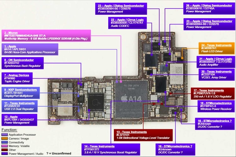 The main board with labeled components of the iPhone 12 Pro Max. Source: TechInsights