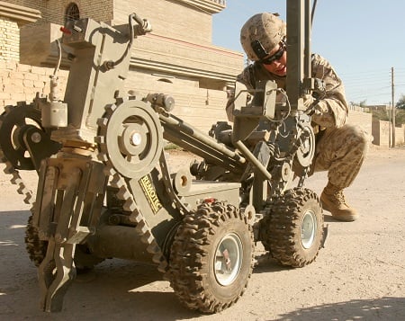 IED detonator robot being used in Iraq. Image credit: Lance Cpl. Bobby J. Segovia/U.S. Dept. of Defense, via Wikimedia Commons.