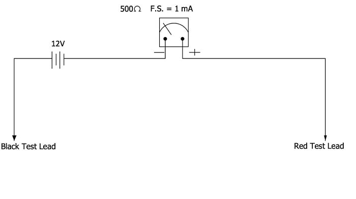 Figure 1: Simple ohmmeter circuit with the two test leads apart. Source: Temitayo Oketola