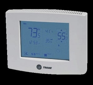 This digital thermostat has a cool setting of 74° F. If the inside temperature is 75° F or warmer, the system would be in the cooling mode. The fan is in auto-selection mode, which means the blower will cycle with the condensing unit. Source: Trane