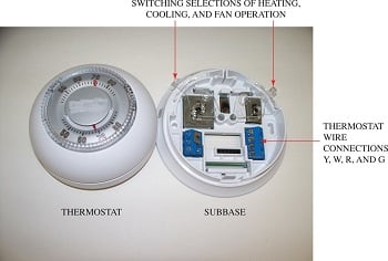 The thermostat has a thermal switching device, which shows the room temperature. The subbase has the wire connections and switching selections, such as heating, cooling and fan on/off operation. Source: Ahmed Faizan Ahmed