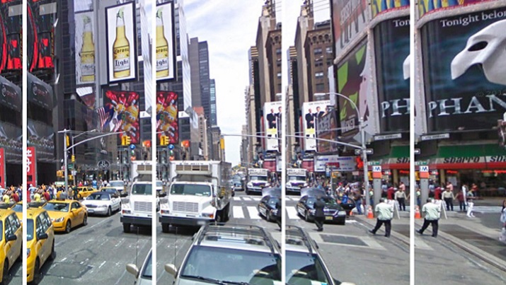 The Google Street View process: overlapping images are collected before being stitched together to create a single 360-degree image. (Source: Google Street View)