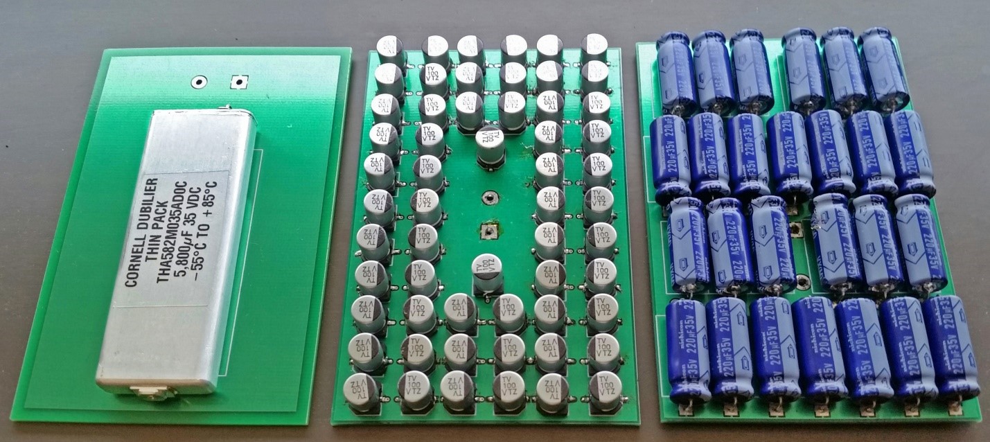 Figure 3: Comparison of PCB real estate filled by flat CDE electrolytics (left), with SMT V-chips and tantalum caps.