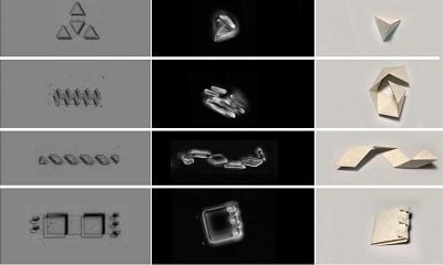 Graphene-glass bimorphs can be used to fabricate numerous micron-scale 3D structures, including (top to bottom) tetrahedron, helices of controllable pitch, high-angle folds and clasps, basic origami motifs with bidirectional folding and boxes. Source: Cornell University