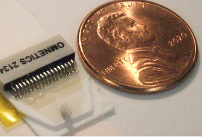 A printed 32-channel probe with routing and attached connector; U.S. one cent coin shown for scale. Source: Science Advances, Vol 8, Issue 40/DOI: 10.1126/sciadv.abj48