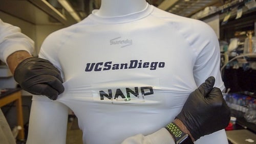 The stretchable batteries were printed on this shirt to spell out the word nano, and powered the green LEDs. (Source: UCSD)