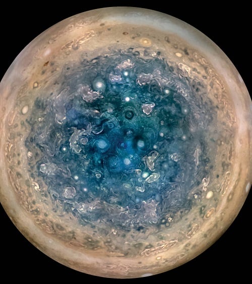 Massive cyclones were seen at both ends of Jupiter’s poles by the Juno probe. Source: NASA 