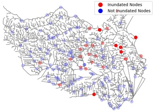 Mostafavi's probability-based model in action. Blue filled circles denote nodes that have a small probability of flooding whereas red filled circles show nodes that will have a higher probability of inundation. The darker the red color, the higher probability of flooding. Source: Texas A&M University College of Engineering