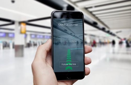 The augmented reality waypoints are being used because satellite navigation is unreliable indoors. Source: Gatwick Airport 