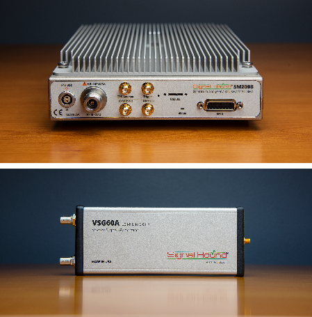 The SM200B (top) offers 160 MHz instantaneous bandwidth I/Q capture; the VSG60A (bottom) is a 6 GHz vector signal generator with 40 MHz streaming modulation bandwidth. Source: Signal Hound