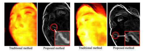 Example shots of conversion from thermal images to thermal-gradient magnitude maps: the proposed method can help to preserve the morphology of the nostril region during motion (Zoomed-in-areas are manually rotated for the visual representation) (Youngjun Cho)