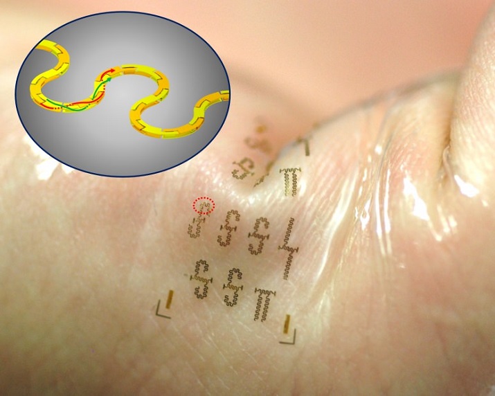 The stretchable integrated circuits could be used in wearable electronics that adhere to the skin like a temporary tattoo. Because the circuits increase wireless speed, they could be used in healthcare settings to allow staff to monitor patients remotely, without the use of cables and cords. Source: Yei Hwan Jung and Juhwan Lee, University of Wisconsin-Madison