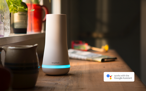 Google Home Mini and Google Home voice speakers can turn security systems on and off. Source: Simplisafe