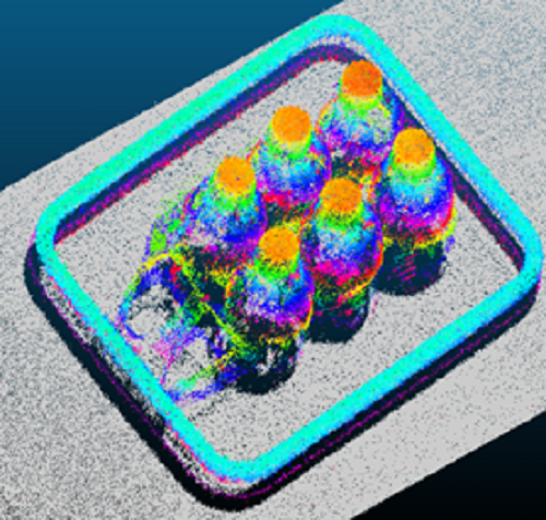 对透明水瓶箱在激光雷达下方输送机上以最高4米/秒速度移动的高精度3D成像。来源：SiLC