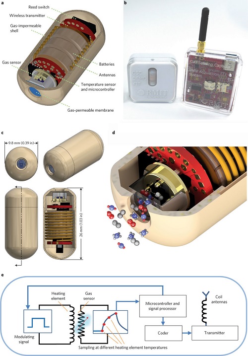 A collection of images showing the team's capsule and transmitter design. Source: Nature Electronics