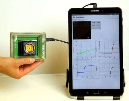 Prototype consisting of a post-processed CMOS chip with electronic readout attached to an Android-based tablet for data acquisition. Source: University of Glasgow