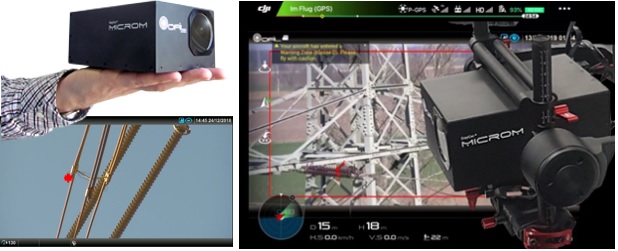 Figure 2. At right, the micROM HD camera. At left top, the micROM held demonstrating its small dimension, at bottom, UV corona discharge image is superimposed onto a visual image. Source: Ofil