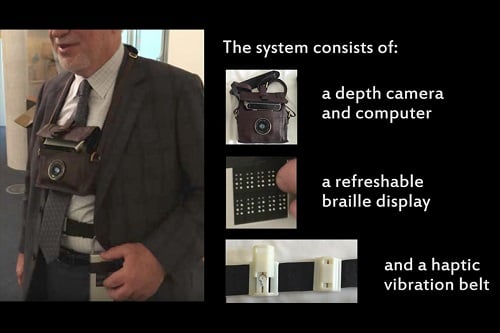 Algorithms in the prototype device help visually impaired users avoid obstacles and find unoccupied chairs. (Source: MIT CSAIL)