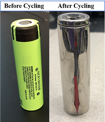 Electric vehicle batteries before and after fast-charging in testing. Source: University of California, Riverside