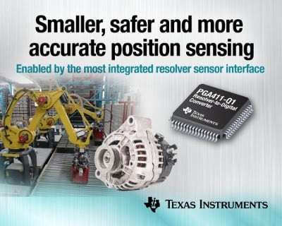 TI’s PGA411-Q1 resolver sensor interface saves automotive design space by as much as 50% by eliminating at least 10 external and passive components. Source: TI 