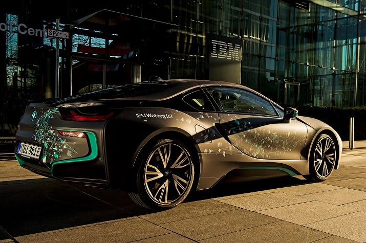 Four BMW i8 hybrid sports cars will be used to test different vehicle functions controlled by IBM’s Watson cognitive computing. Source: IBM  