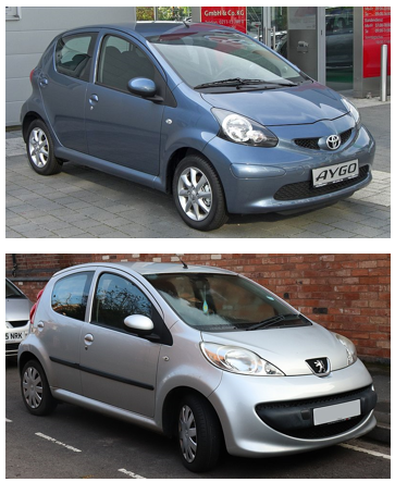 Figures 1 and 2: The first-generation Toyota Aygo, top, and the Peugeot 107, are essentially the same car. Both were produced at a joint-venture factory in the Czech Republic. Sources: Matthias93/CC BY-SA 3.0 and Vauxford/CC BY-SA 4.0