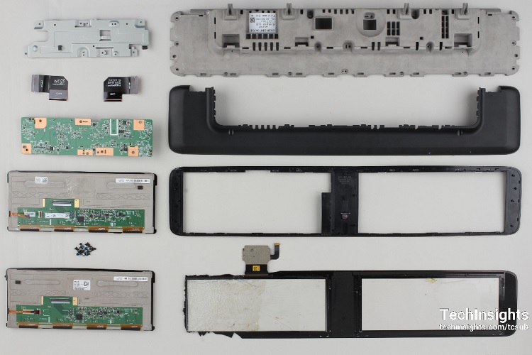 The entire teardown components of the Mercedes A Class center stack display. Source: TechInsights