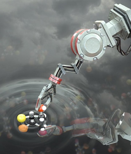 Artist's impression of the molecular robot manipulating a molecule. Source: University of Manchester