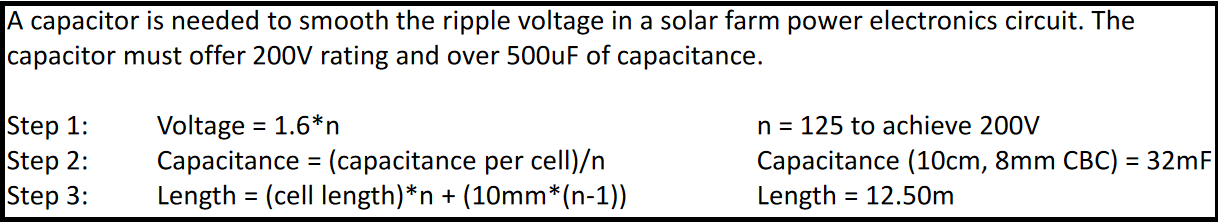 Figure 3. Example of cable-based capacitor length calculations to meet electrical specification requirements. Source: Capacitech