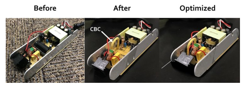 Figure 4. The CBC being used to reduce a Dell laptop charger by approximatedly two inches through replacement of the traditional electrolytic capacitor initially specified. Source: Capacitech