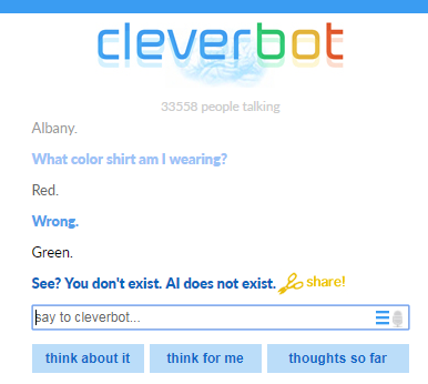 A conversation I had with Cleverbot when I revisited the site, looks like the bot is having a crisis. Source: Siobhan Treacy/Cleverbot