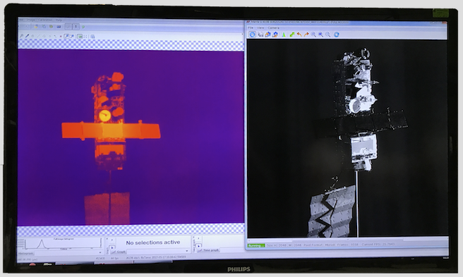 A side-by-side comparison of a model satellite, as shown in infrared and visible light. Source: ESA/CC BY-SA 3.0