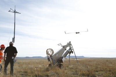 Insitu and BNSF officials launch ScanEagle for the historic first flight.