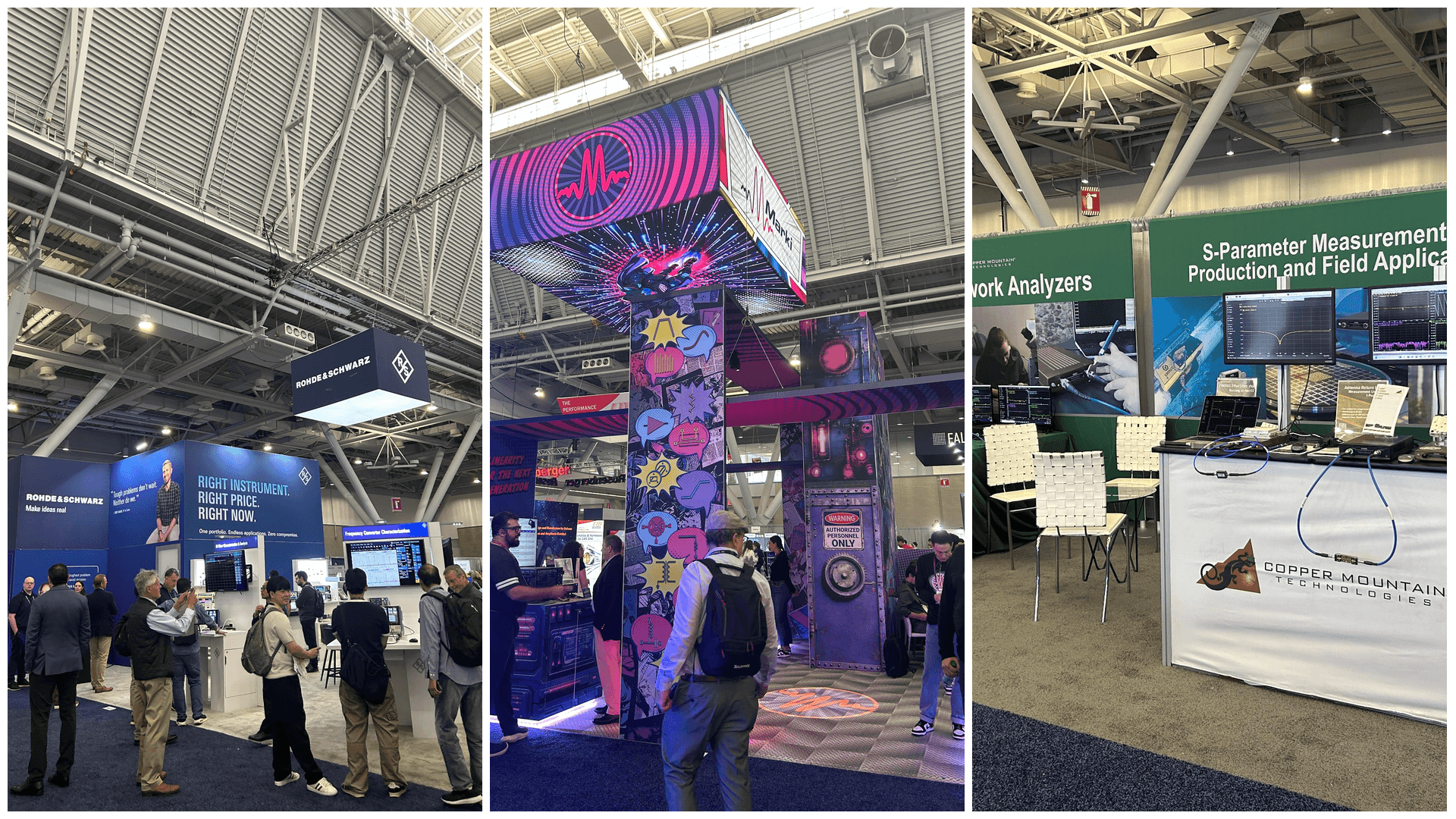 Left to right: Rohde & Schwarz, Marki Microwave, Copper Mountain Technologies. Faces new and old were on hand to see what the RF and microwave industry has been working on over the last 12 months.