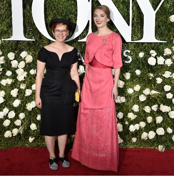 CMU alumna Sophie Hood (left) created a Carnegie Mellon-inspired ensemble for the Tony Awards red carpet worn by fellow alumna Brit McCandless. Credit: Carnegie Mellon University