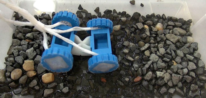 A soft four-wheeled robotic vehicle powered by a unique soft engine developed by Rutgers University engineers. (image Credit: Xiangyu Gong) 