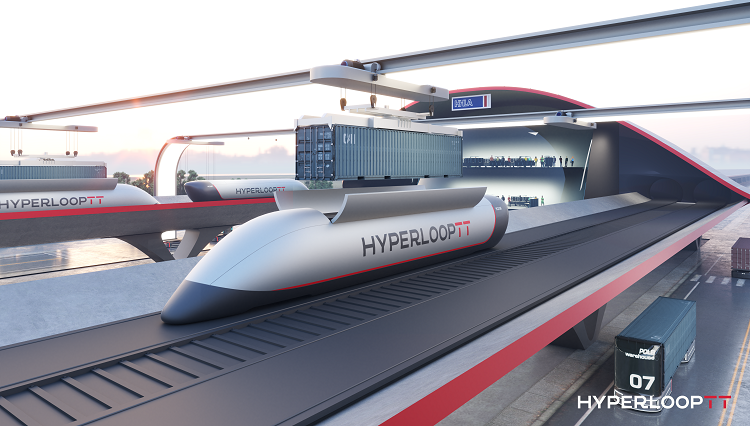 An artist rendering of how a potential hyperloop terminal might look on a cargo dock. Source: HyperloopTT