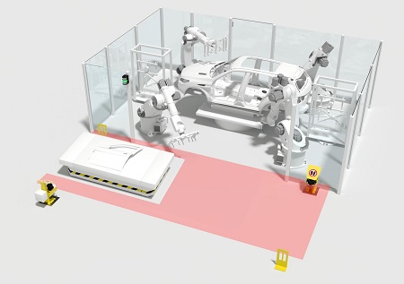 Safety laser scanners monitor the entire area of the transfer station for robot cell and AGV. Source: Leuze