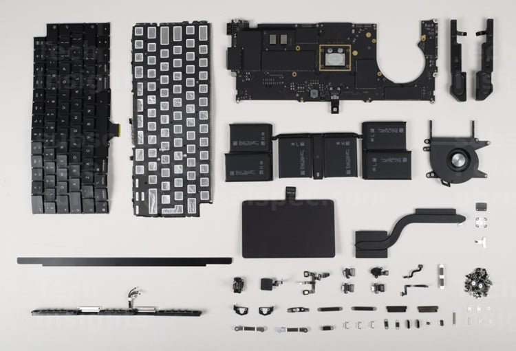 Some of the electronic components found inside the Apple MacBook Pro. Source: TechInsights
