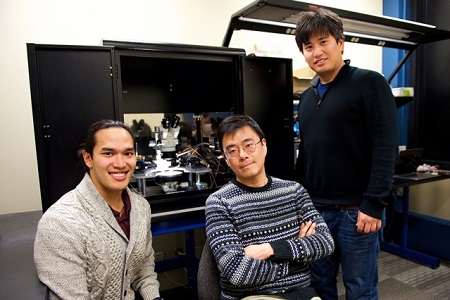MIT researchers, including Jeehwan Kim (center), have designed an artificial synapse for a "brain-on-a-chip." Source: Kuan Qiao/MIT News