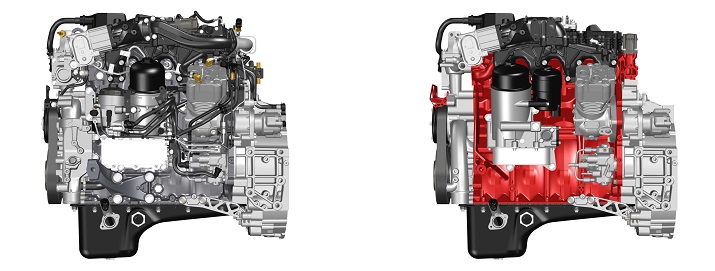 On the left, the Renault Trucks DTI 5 Euro 6 Engine and on the right the same engine designed using 3-D metal printing to reduce weight and the number of components. Source: Renault  